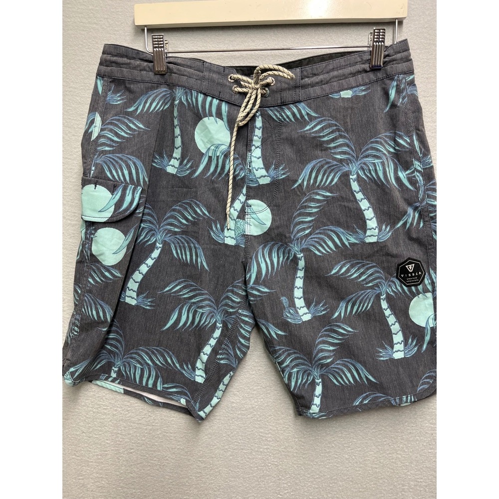 Vissla Men 34 Board Shorts Charcoal Teal Palm Tree Coconut Stretch M102SELT
